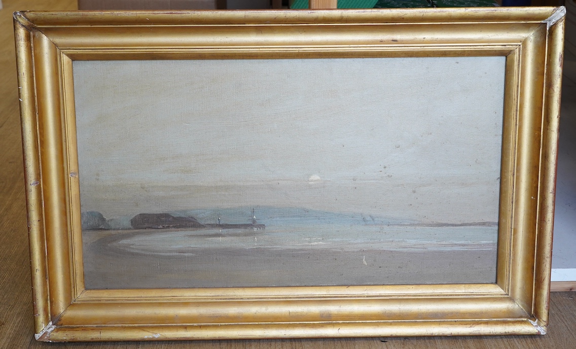 Follower of James McNeill Whistler (American, 1834-1903), oil on canvas, Coastal view, unsigned, 39 x 69cm, gilt framed. Condition - fair, would benefit from a clean